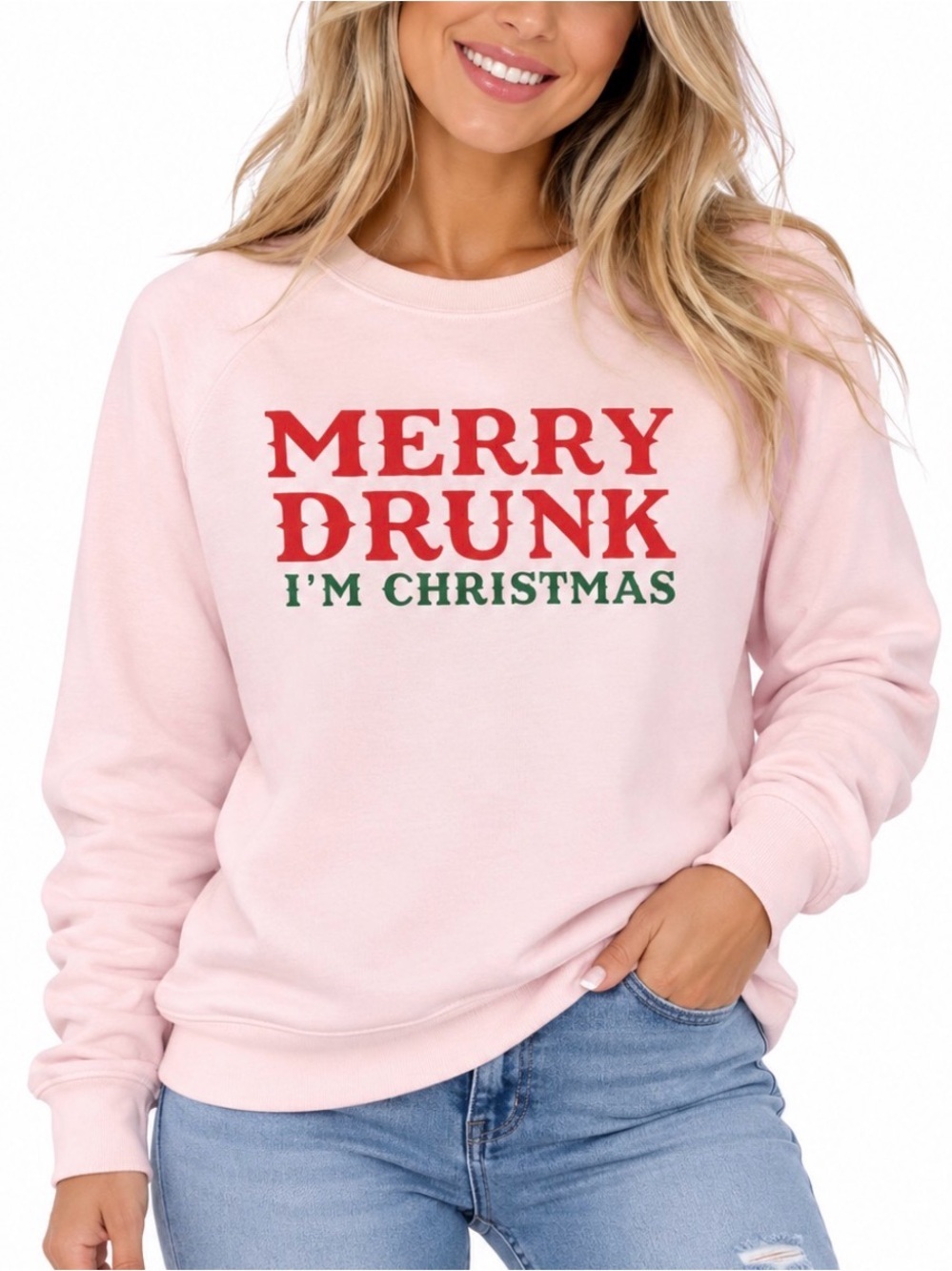 Christmas "Merry Drunk I'm Christmas" Pink Holiday Sweatshirt funny SZ LG